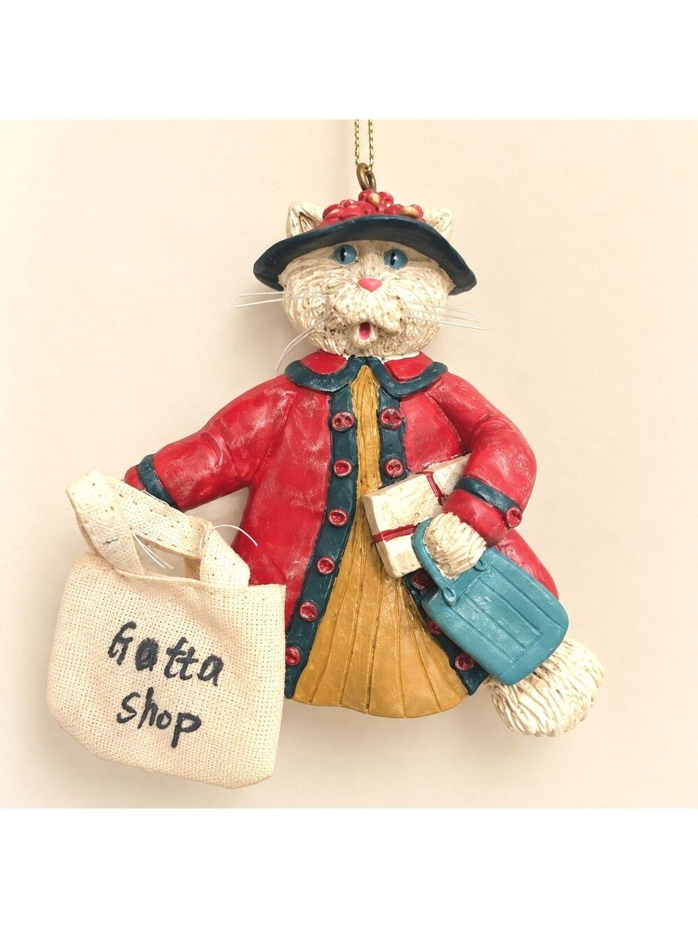 Vintage Shopping Cat Christmas Ornament Red Coat Packages Kitty Holiday Decor